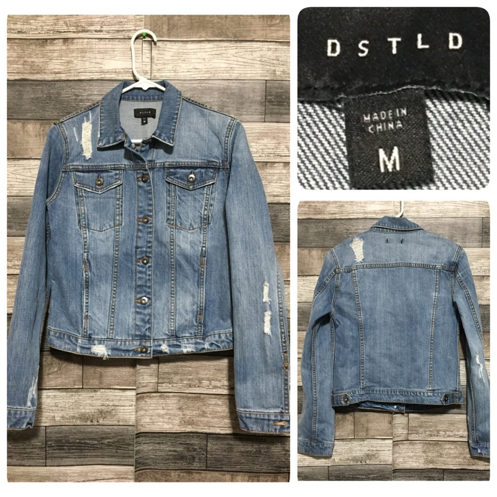 DSTLD Jean Jacket Women’s M Blue Distressed Denim Pockets Stretch Trucker